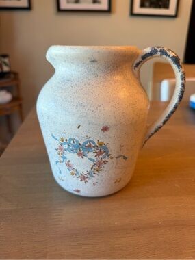 Vintage ceramic Speckled Ceramic goose and Floral Pitcher in Cream and Blue